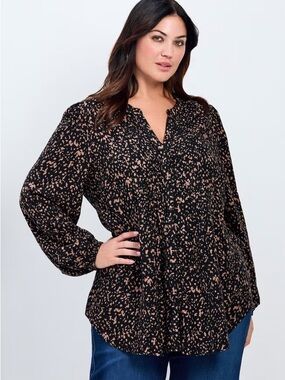 Avenue Plus Size Black Blouse with Tan Abstract Print